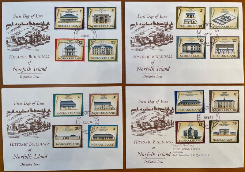 NORFOLK ISLAND 1973/5 Historic Buildings, Set of 4 FDC’s 