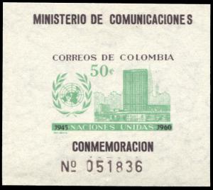 Colombia 725, MNH, 15th anniversary of United Nations souvenir sheet