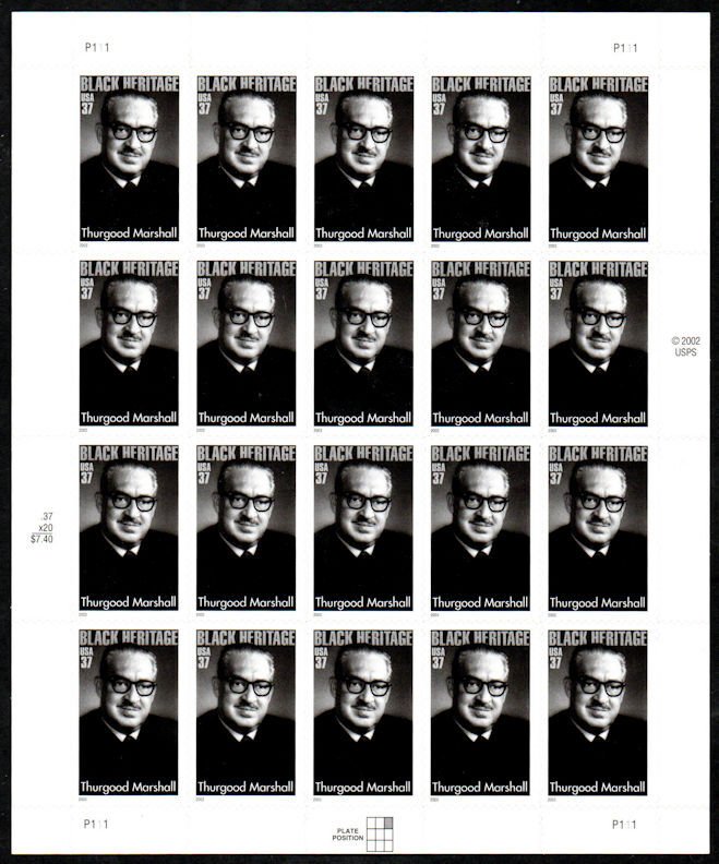 MALACK 3746 VF/XF NH, 37c Thurgood Marshall Sheet, b..MORE.. sheet3746