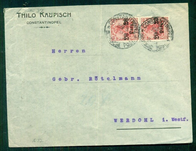 GERMANY COLONIES-OFFICES IN TURKEY 1911, 20p pair tied CONSTANTINOPLE to WERDOHL