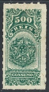 Brazil 1900 Revenue CONSUMPTION 500r Green VG/F Unused-