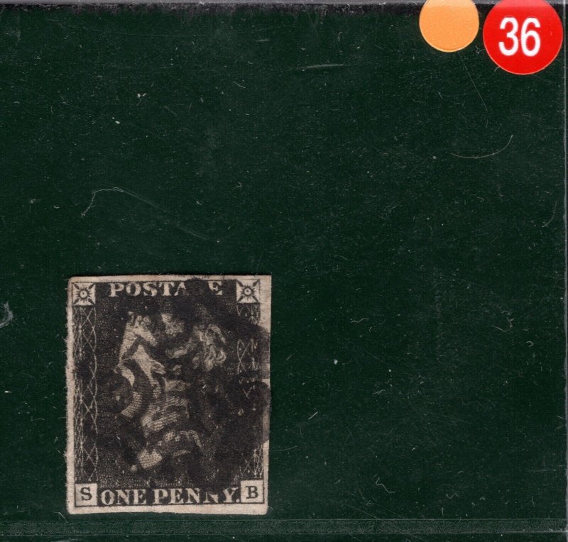 GB PENNY GREY-BLACK QV 1840 SG3 1d Plate 5 (SB) REPAIRED IMPRESSION? Frame YOR36