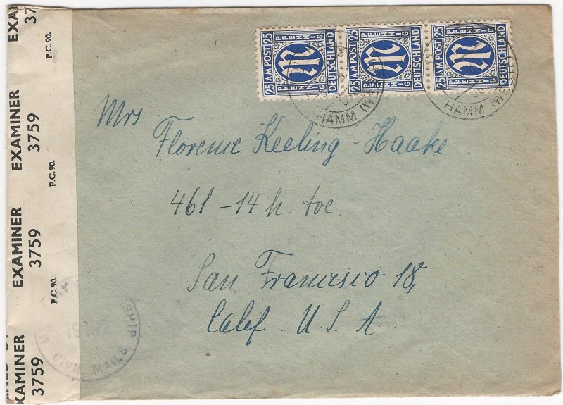 Germany A.M.G. 1946 Censored Cover from DINKER (Hamm, Westphalia) to California