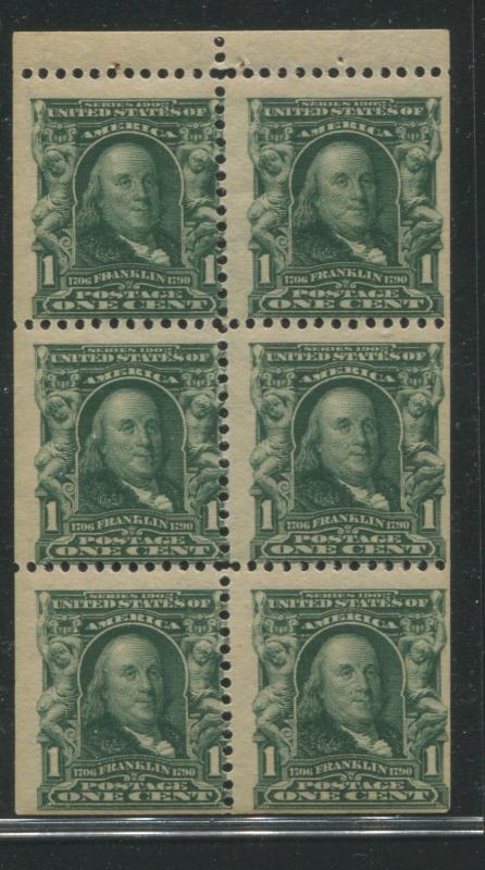 1903 US Stamp #300b 1c Mint Never Hinged F/VF Booklet Pane of 6 Wmk. 191 Perf 12