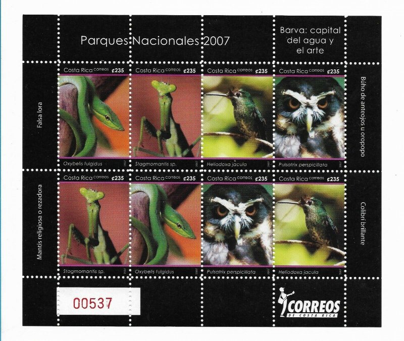 COSTA RICA 2007 NATIONAL PARKS FAUNA, BIRDS, SNAKES, WILDLIFE MINIATURE SHEET