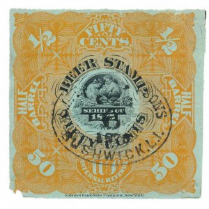 REA34 Series 1875 1/2 Barrel Federal Beer Tax U.S. Internal Revenue Stamp, 50c