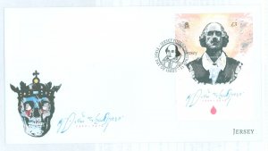 Jersey 1746 2014 william shakespeare L3 solo souvenir sheet on unaddressed, cacheted fd cover