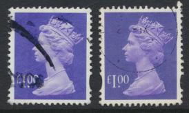 Great Britain SG Y1743 SC# MH279 Machin £1 Used x2  Bluish Violet see phosph...