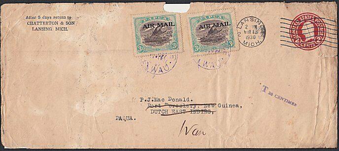 PAPUA 1930 cover ex USA taxed with Airmail Lakatois used as postage due !..87607