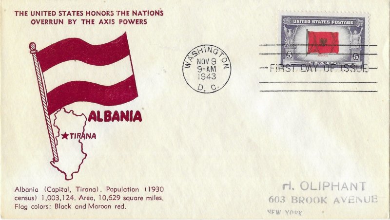 1943 FDC, #918, 5c Overrun Country - Albania, Crosby M-21