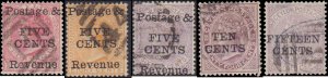 Ceylon #117-119, 122-123, W/O Expensive Stamps 120, 121, 1885, Used