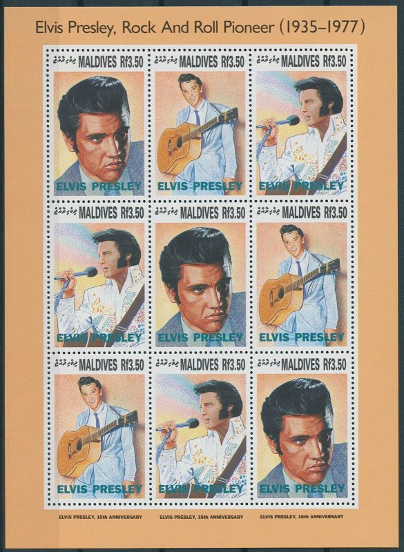 Elvis Presley Stamps Maldives 1992 MNH Celebrities Singers Famous People 9v M/S