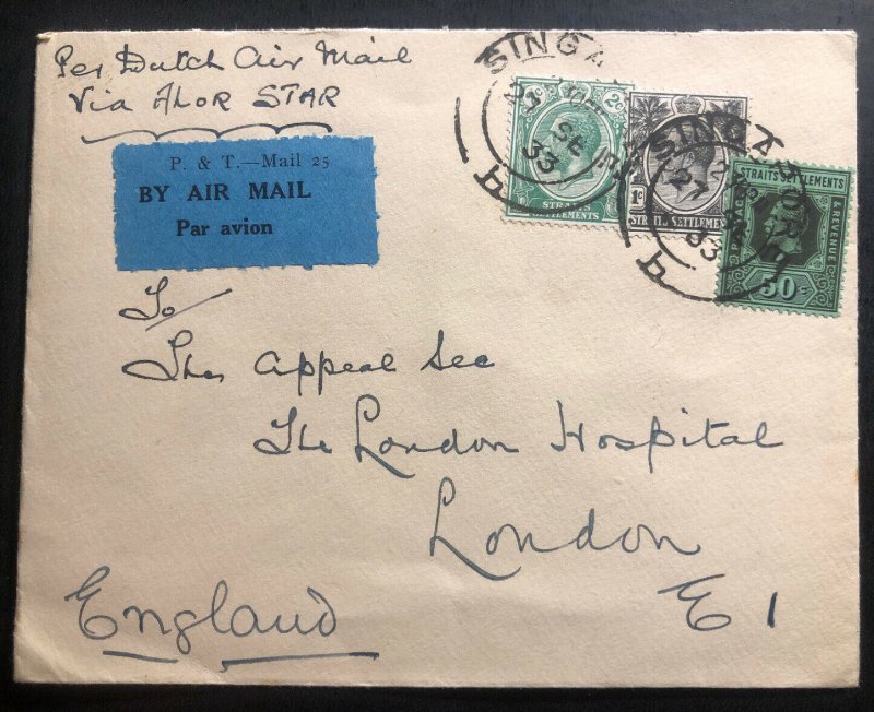 1933 Singapore Straits Settlements Airmail By Alor Star cover To London England