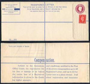 RP50 KGVI 4 1/2d Registered Envelope Size H2 Compensation on Back Value Deleted