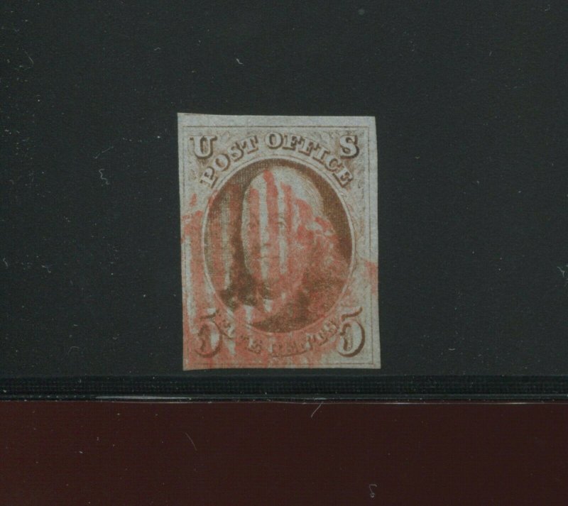 Scott 1 Franklin Imperf Used Stamp with PF Cert (Stock 1-119)