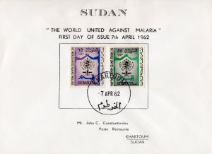 Sudan 1962 Sc#142/143 MALARIA-MOSQUITO-WHO (UN) Set (2) OFFICIAL F.D.C.