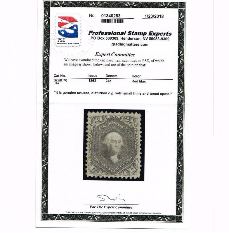 EXCEPTIONAL SCOTT #70 XF MINT D-OG 1862 24¢ BRIGHT RED LILAC PSE CERT 4 MARGINS