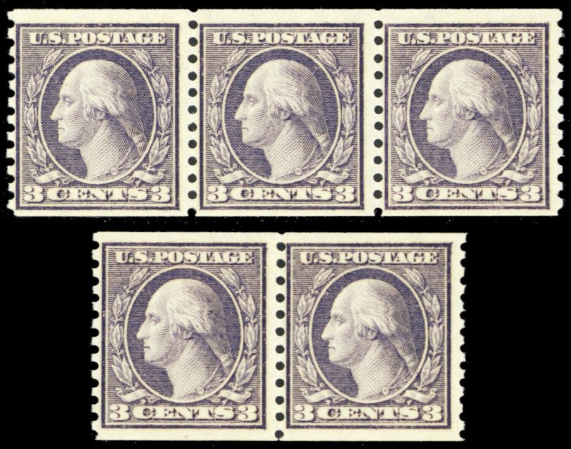 494, Mint NH 3¢ Coil Group of Five Stamps CV $121.50 - Stuart Katz