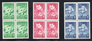 Finland Sc B101-103 1950 TB flowers stamp set blocks of 4 mint NH