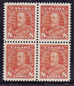Canada id#12090-Sc#222-block of four-8c deep orange KGV-stamps NH, 1 hinged-1935