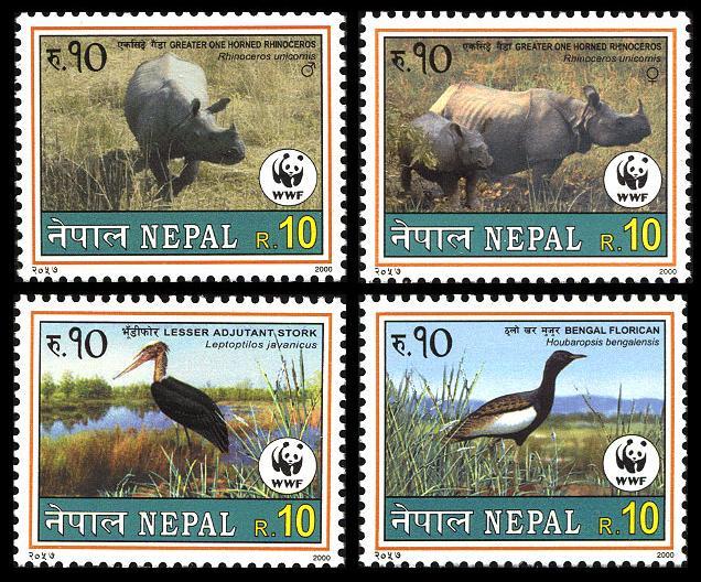 Nepal Birds WWF Rhinoceros Stork Florican Wildlife 4v SG#731-734 SC#682-685