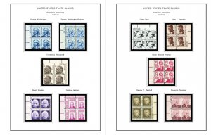 COLOR PRINTED US PLATE BLOCKS 1960-1969 STAMP ALBUM PAGES (68 illustrated pages)