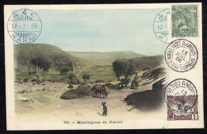 Ethiopia, 1906 unaddressed color postcard franked with 5c surcharge, tied by ...