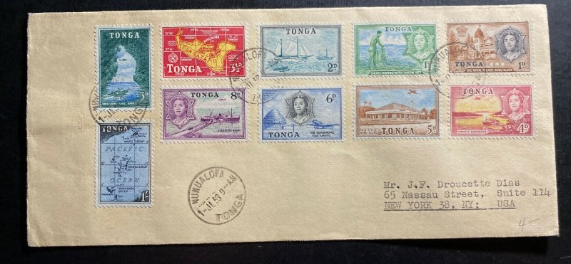 1953 Nukualofa Tonga Toga First Day Cover FDC to New York USA Sc#100-109 