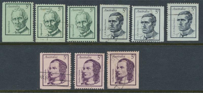 SG 432/3/5 Selection  FU  Famous Australians  1st Series - various imperf mar...