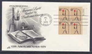 US #1610 Rush Lamp & Candle $1 Plate Block of 4 ArtCraft Un-Addressed FDC Cachet