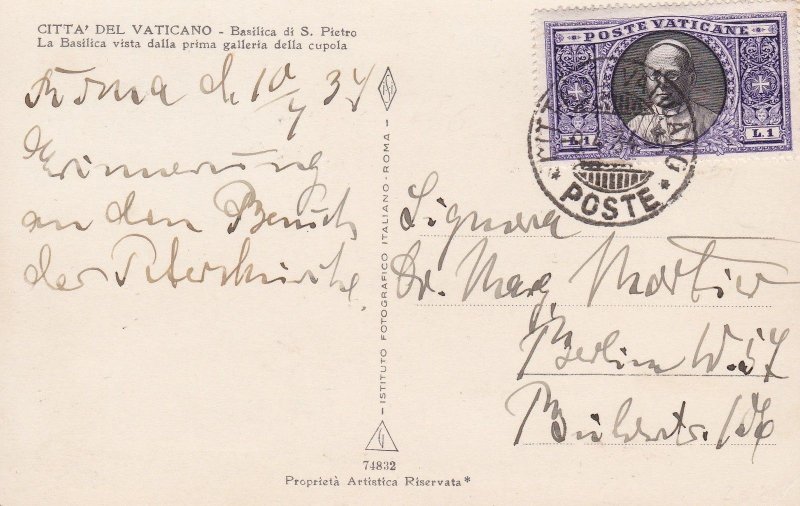 1933 Vatican, no.28 on postcard, traveled in 1934