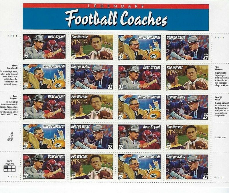 5 SHEETS 3143-6, 3147-3150 FOOTBALL COACHES PLEASE SEE SCANS - BCV $106.50- G76