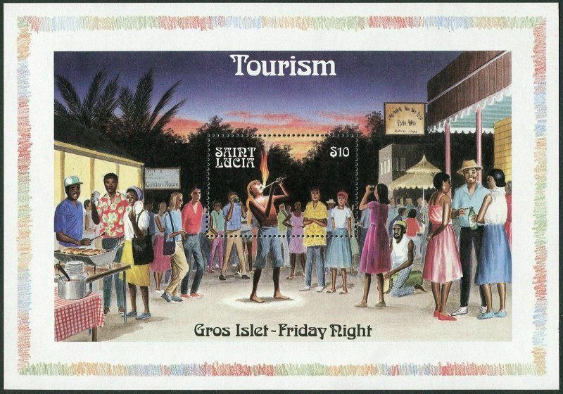 St Lucia 866 sheet,MNH.Michel Bl.33. Tourism 1986.Gross Islet - Friday Night.