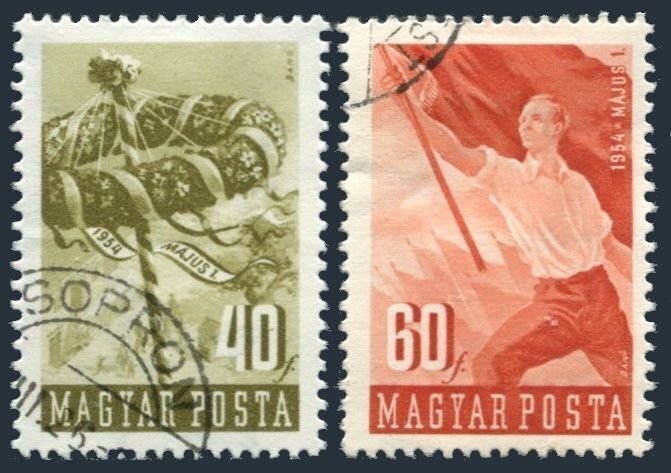 Hungary 1082-1083,CTO.Michel 1373-1374. Labor Day May 1,1954.Maypole,Flag bearer