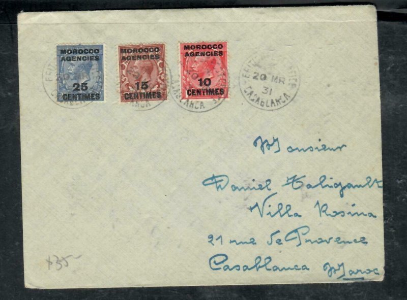 MOROCCO COVER (PP2912B) 1931  KGV 3 STAMPS ON COVER CASABLANCA  LOCAL