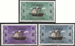 Ras al Khaima Mi24-26 (mlh set of 3) ships with Lincoln overprint (1965)