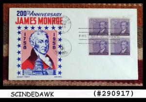 USA1958- 200TH ANNIVERSARY JAMES MONROE - BLK OF 4 - FDC