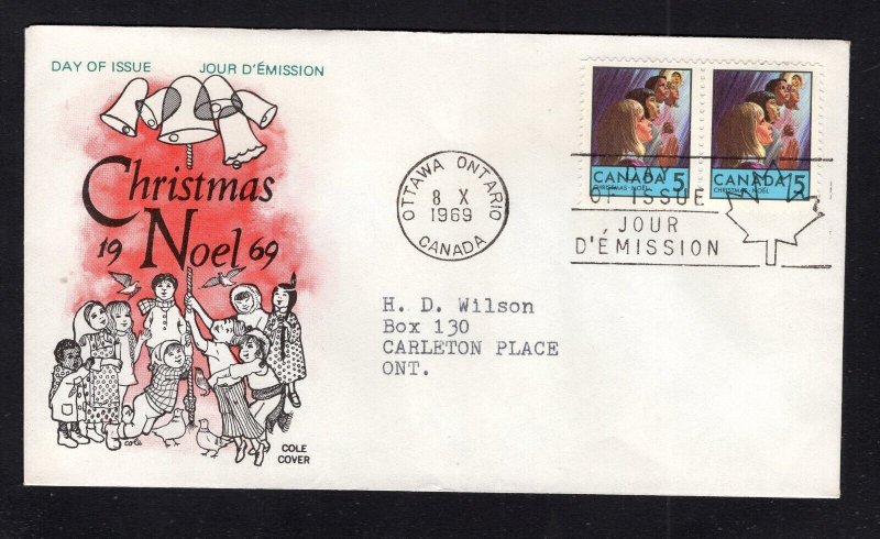 Canada #502 pair (1969 5c Christmas) Cole-B cachet FDC addressed - typed