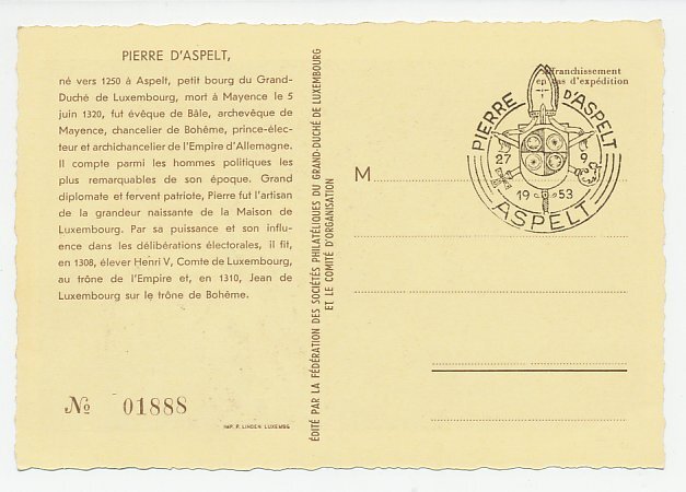 Maximum card Luxembourg 1953 Pierre D Aspelt - Archbishop - Chancellor