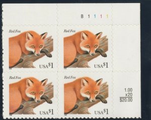 3036, $1 Red Fox Plate Block of Four Stamps Mint NH - Stuart Katz