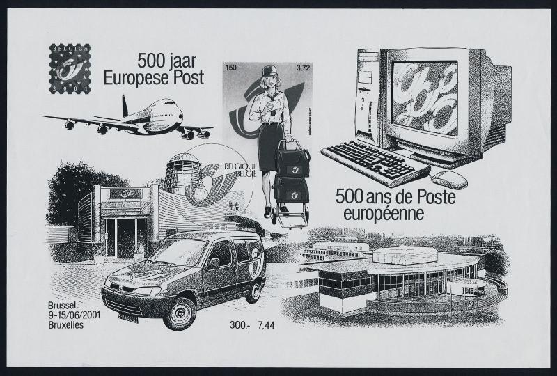 Belgium 1854 B&W Proof MNH European Post 500th Anniv, Car, Aircraft, Mail