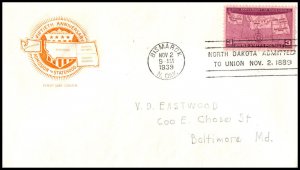 1939 N Dakota statehood 50th Sc 858-25a.1 Bismarck ND House of Farnam cachet