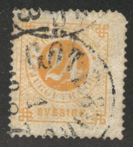 SWEDEN Scott 24 used 1872 perf 14 Faulty tear, thin clipped 