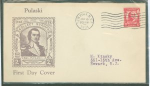 US 690 1931 2c General Pulaski Commemorative (single) on an addressed FDC with a Roessler cachet - NYC cancel
