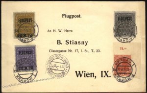 Austria 1918 Imperial First Airmail Set Flugpost Mi225-227 Cover Krakau P 105383