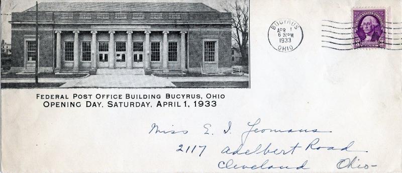 US Scott 720 on 1933 Cover Picturing Bucyrus, Ohio Post Office at its Opening