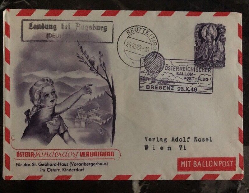 1949 Bregenz Austria Ballon Flight Cover to Vienna Kinderdorf