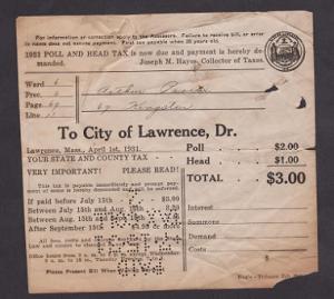 Ephemera:  Lawrence Massachusetts Poll Tax Receipt from 1931