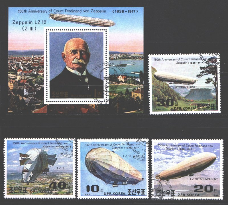 North Korea. 1988. 2948-51, bl237. Zeppelin Airships. USED.