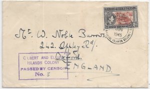 Gilbert & Ellice Islands to Oxford, England 1945 Scarce Cens. type H4-3d (C5431)